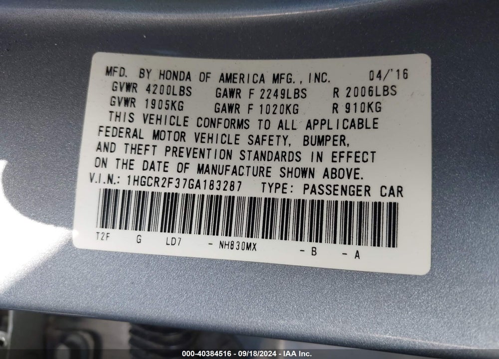 2016 HONDA ACCORD LX VIN: 1HGCR2F37GA183287