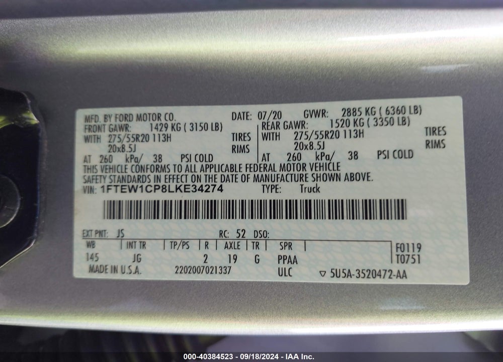 2020 FORD F-150 XL VIN: 1FTEW1CP8LKE34274