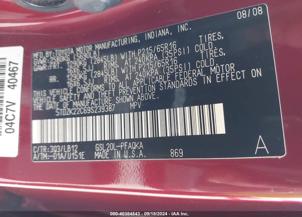 2009 TOYOTA SIENNA XLE VIN: 5TDZK22C69S239387