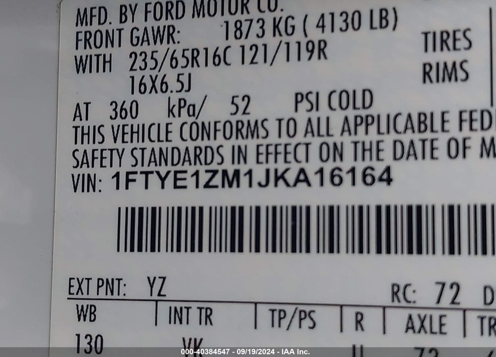 2018 FORD TRANSIT-150 VIN: 1FTYE1ZM1JKA16164