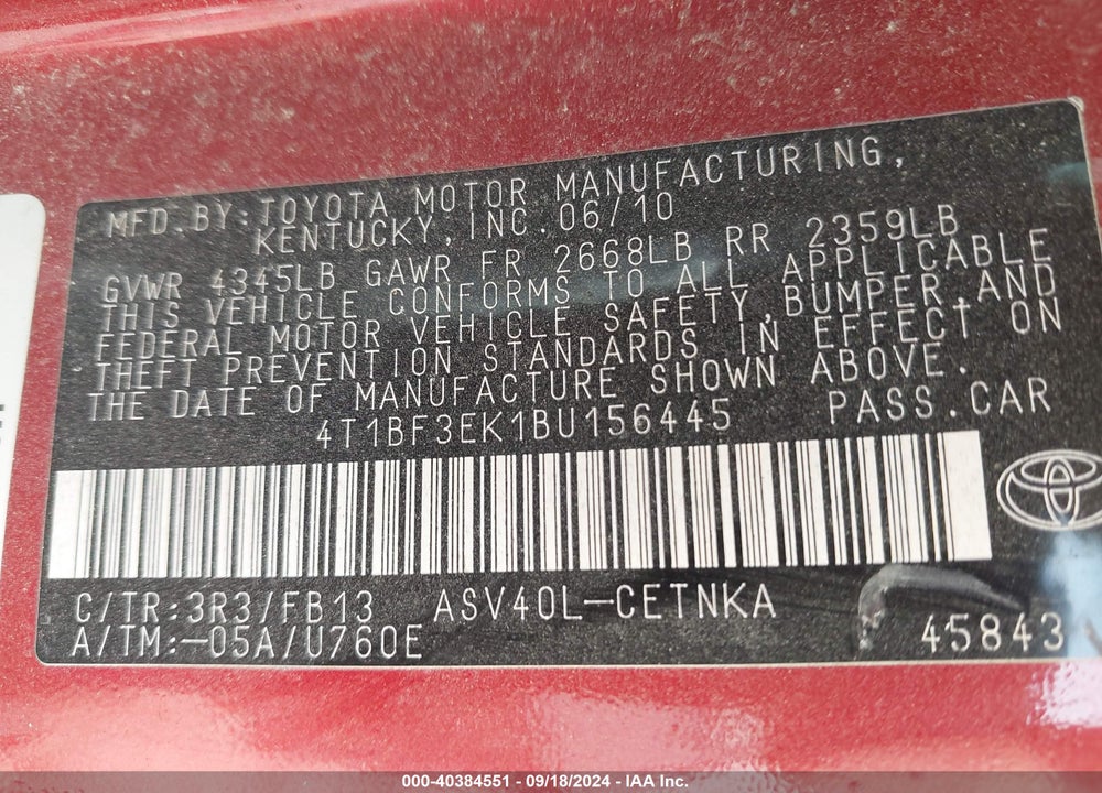 2011 TOYOTA CAMRY VIN: 4T1BF3EK1BU156445
