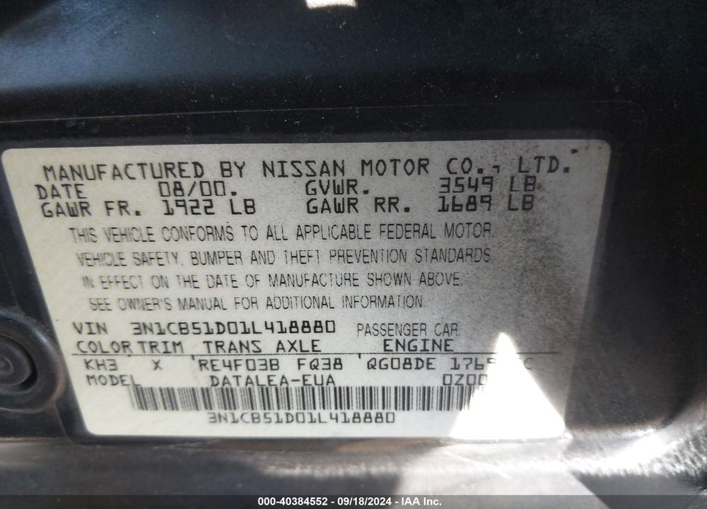 2001 NISSAN SENTRA GXE VIN: 3N1CB51D01L418880