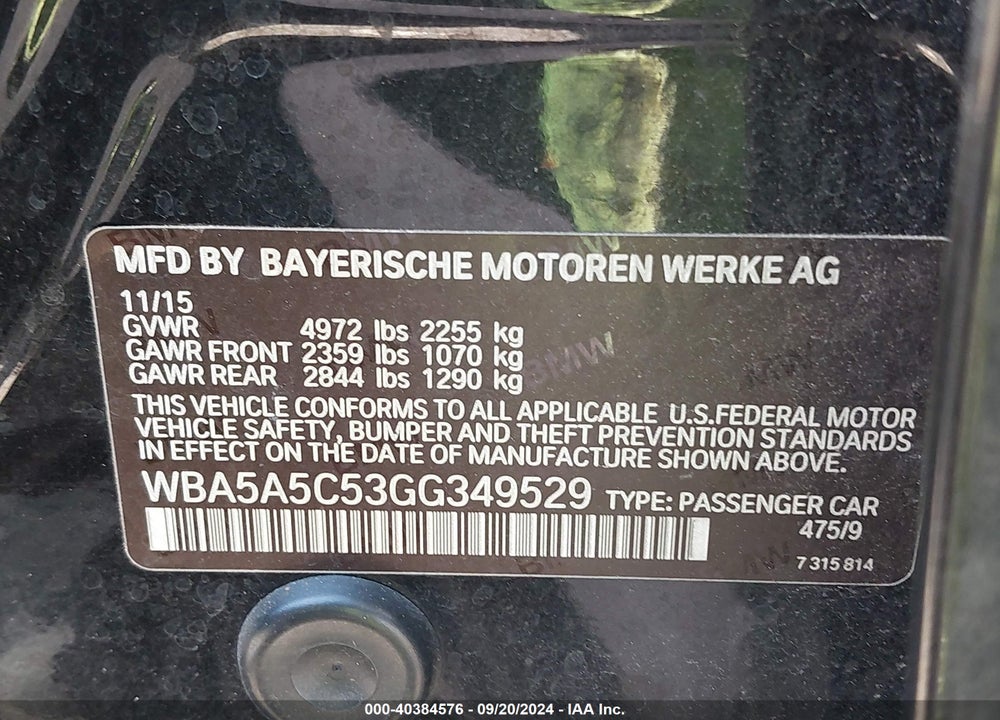 2016 BMW 528I VIN: WBA5A5C53GG349529
