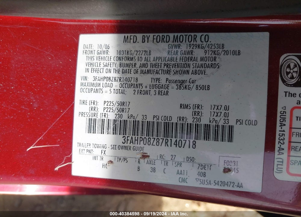 2007 FORD FUSION SEL VIN: 3FAHP08Z87R140718