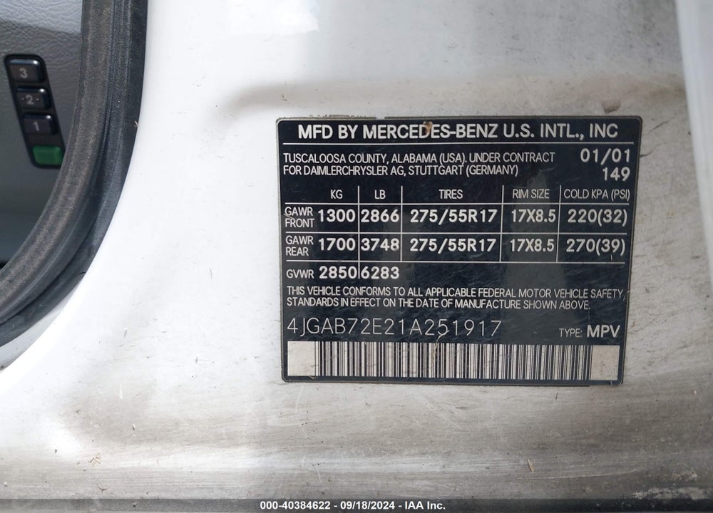 2001 MERCEDES-BENZ ML 430 VIN: 4JGAB72E21A251917