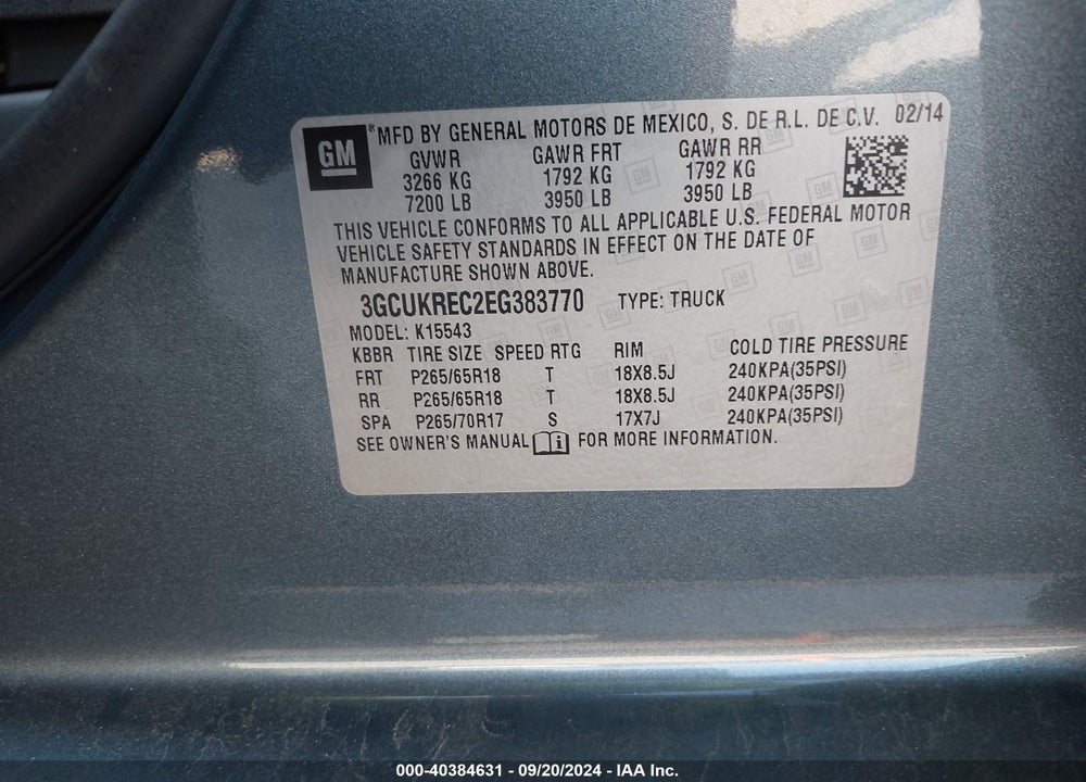 2014 CHEVROLET SILVERADO 1500 1LT VIN: 3GCUKREC2EG383770