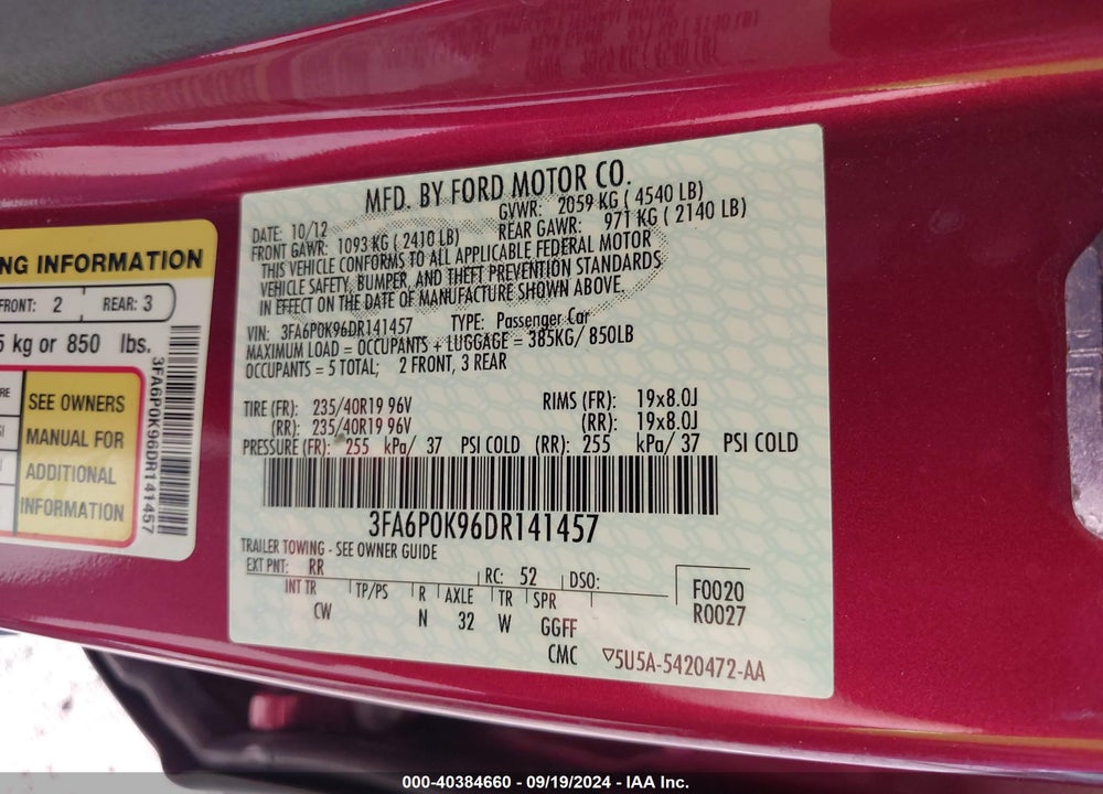2013 FORD FUSION TITANIUM VIN: 3FA6P0K96DR141457