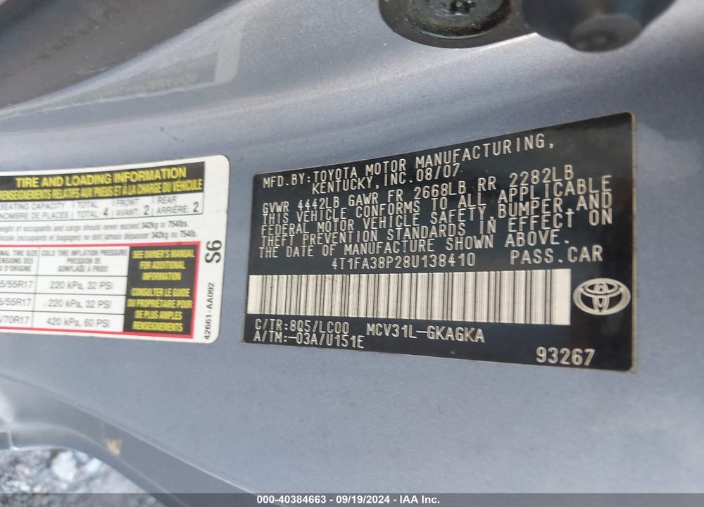 2008 TOYOTA CAMRY SOLARA SLE VIN: 4T1FA38P28U138410