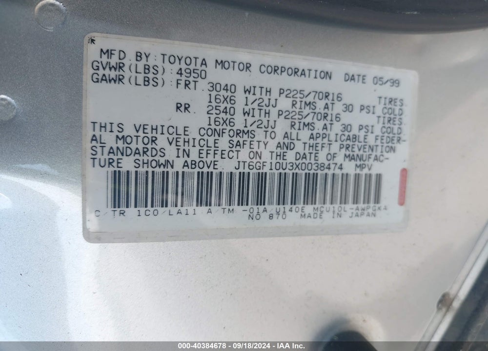 1999 LEXUS RX 300 VIN: JT6GF10U3X0038474