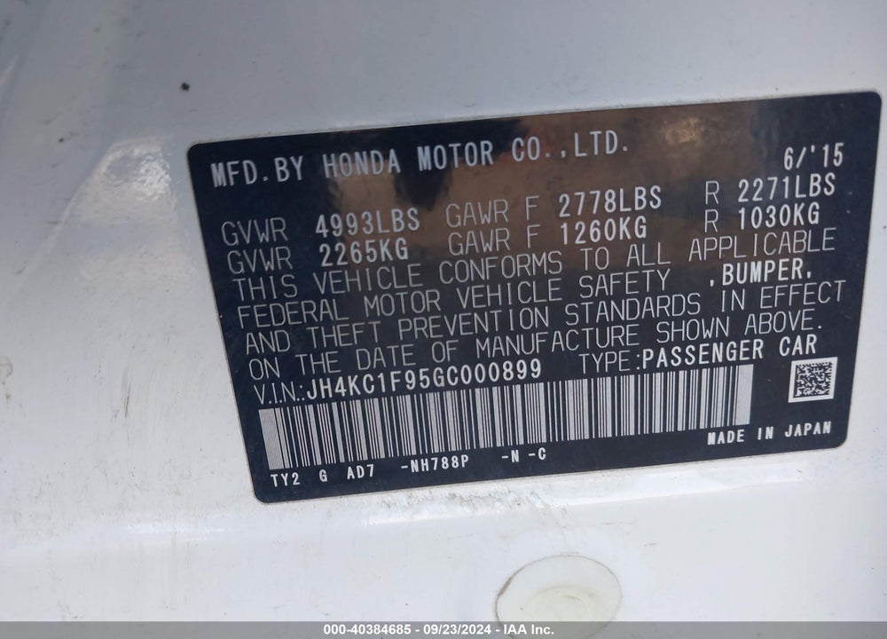 2016 ACURA RLX ADVANCE PACKAGE VIN: JH4KC1F95GC000899