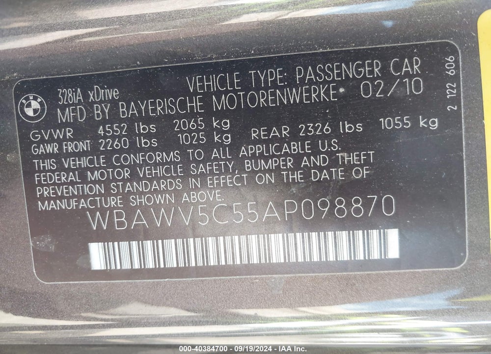 2010 BMW 328I XDRIVE VIN: WBAWV5C55AP098870