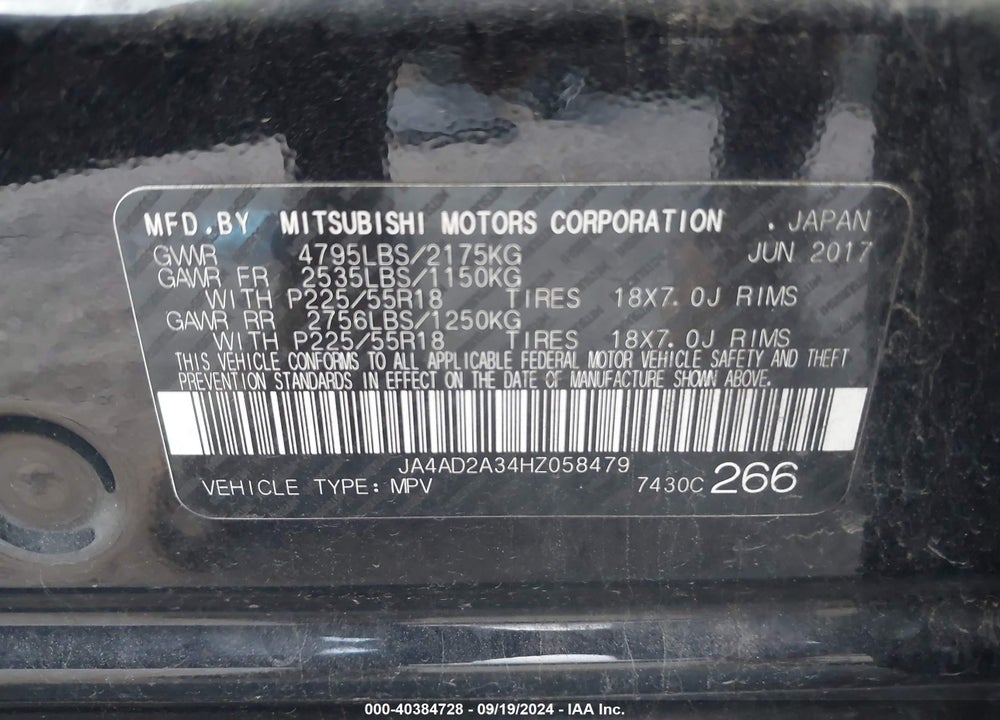 2017 MITSUBISHI OUTLANDER ES VIN: JA4AD2A34HZ058479