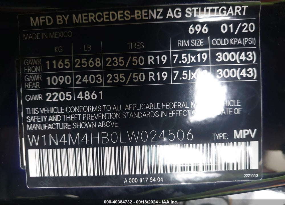 2020 MERCEDES-BENZ GLB 250 4MATIC VIN: W1N4M4HB0LW024506