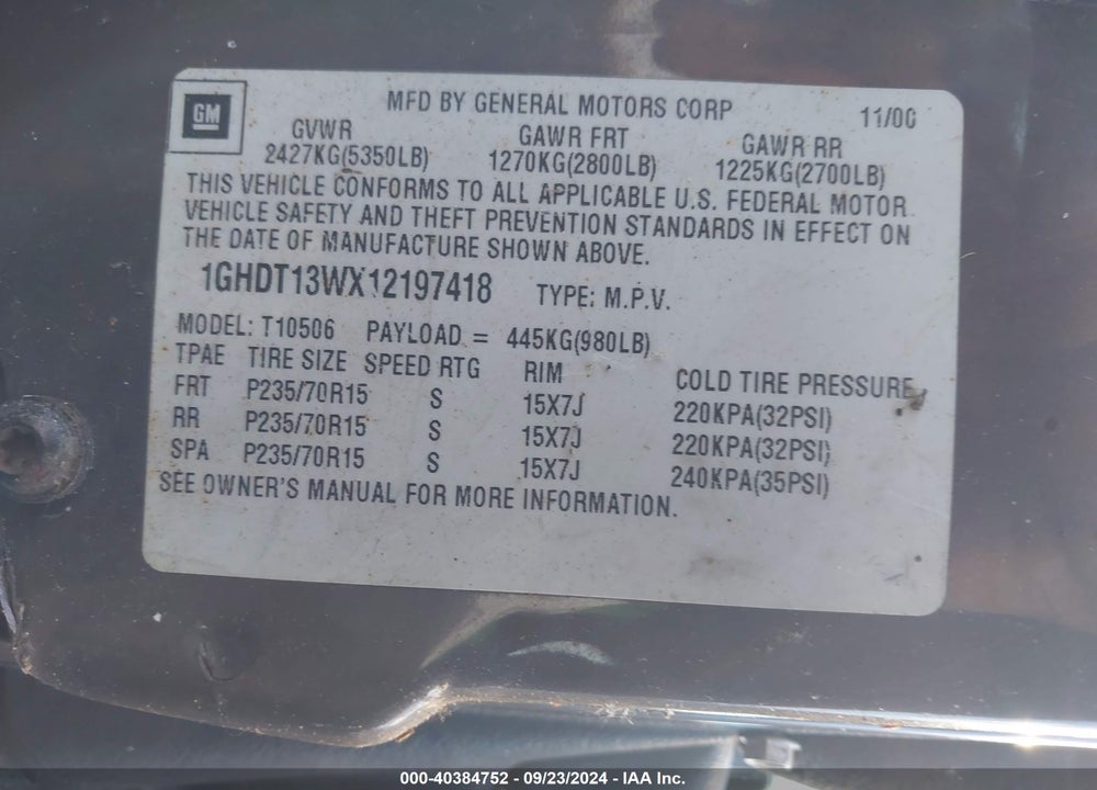 2001 OLDSMOBILE BRAVADA VIN: 1GHDT13WX12197418