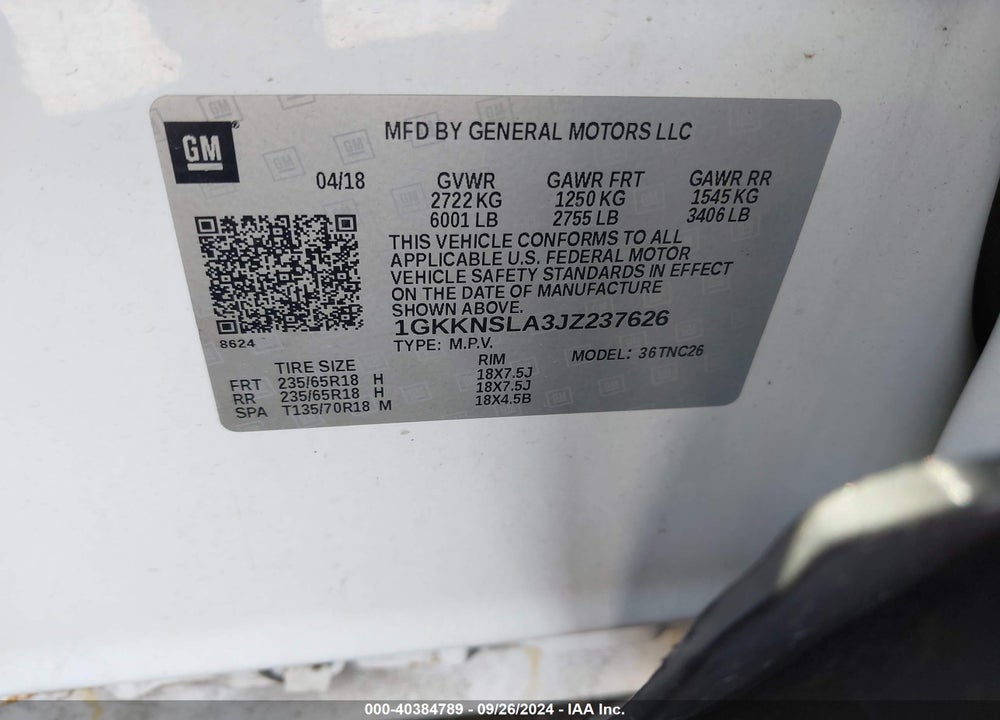 2018 GMC ACADIA SLE-2 VIN: 1GKKNSLA3JZ237626