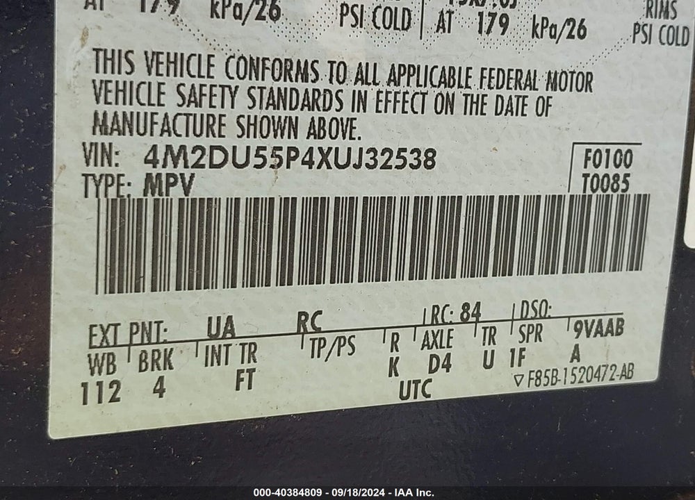 1999 MERCURY MOUNTAINEER VIN: 4M2DU55P4XUJ32538