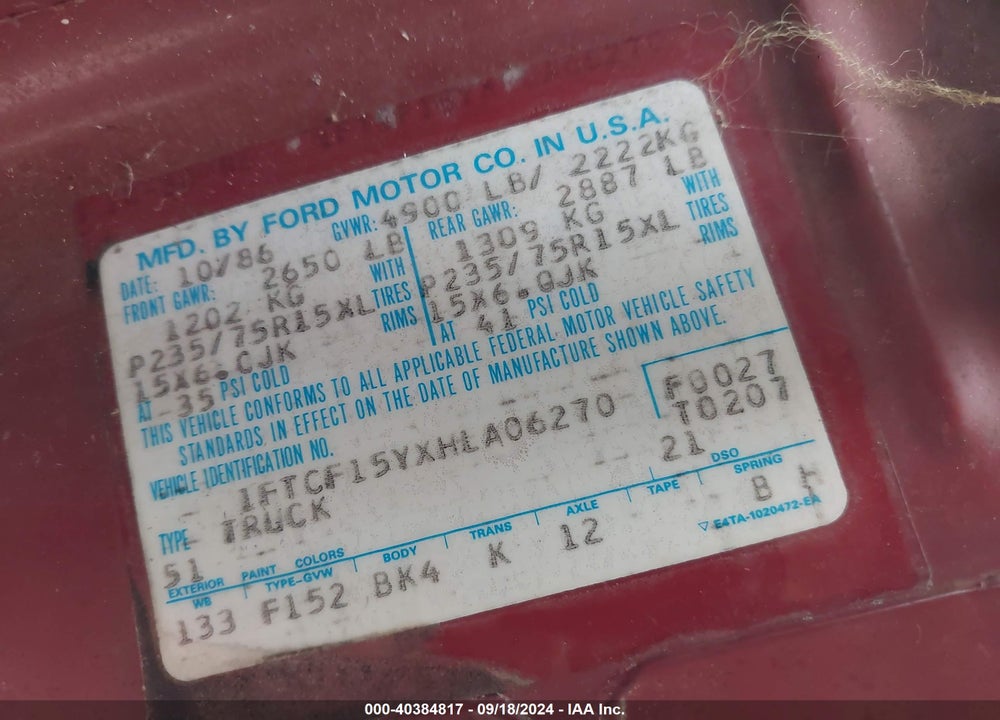 1987 FORD F150 VIN: 1FTCF15YXHLA06270
