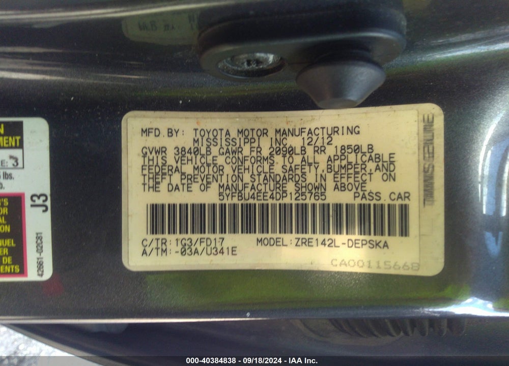 2013 TOYOTA COROLLA S VIN: 5YFBU4EE4DP125765