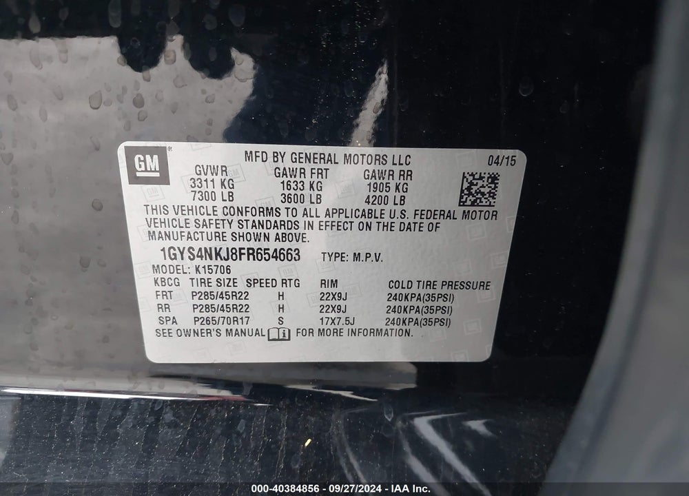 2015 CADILLAC ESCALADE PREMIUM VIN: 1GYS4NKJ8FR654663