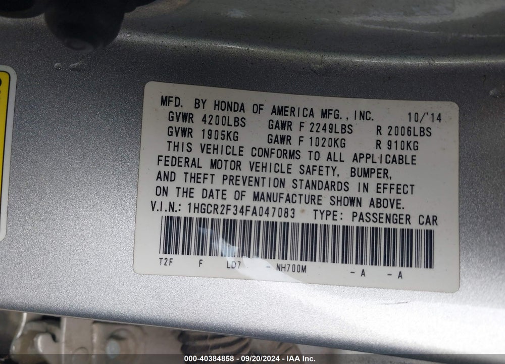 2015 HONDA ACCORD LX VIN: 1HGCR2F34FA047083