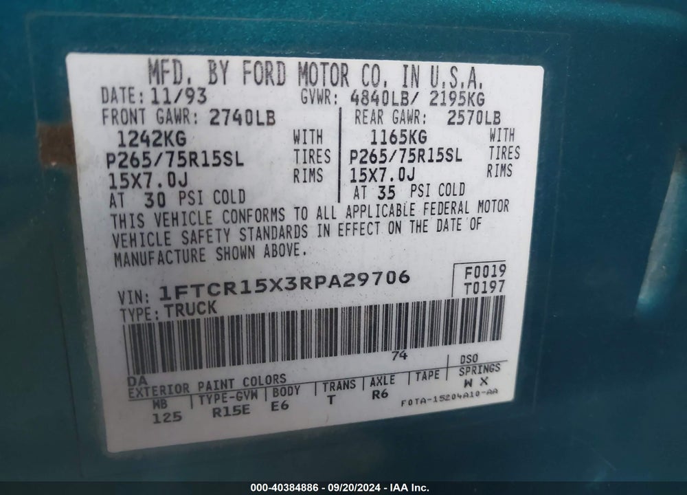 1994 FORD RANGER SUPER CAB VIN: 1FTCR15X3RPA29706