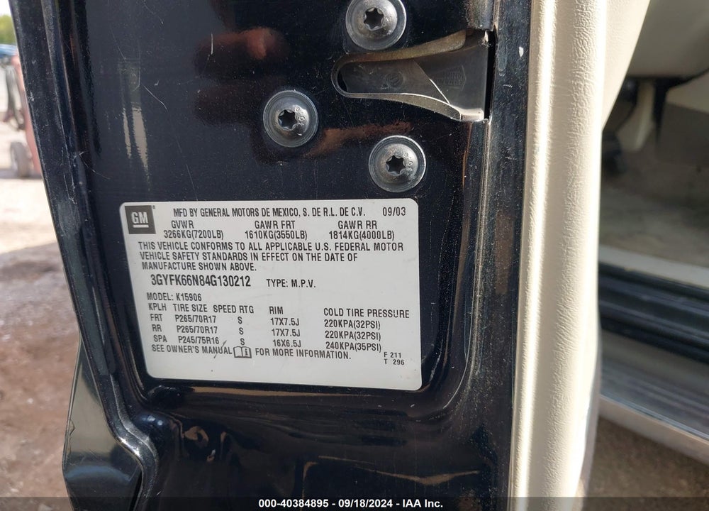 2004 CADILLAC ESCALADE ESV STANDARD VIN: 3GYFK66N84G130212