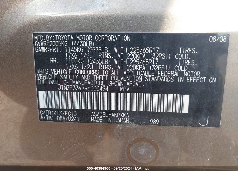 2009 TOYOTA RAV4 VIN: JTMZF33V795000494