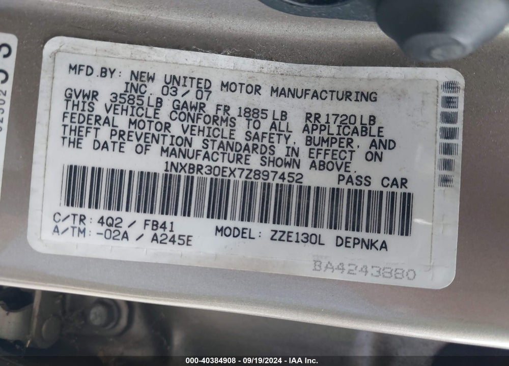 2007 TOYOTA COROLLA LE VIN: 1NXBR30EX7Z897452