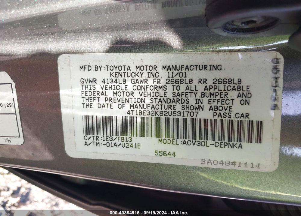 2002 TOYOTA CAMRY LE VIN: 4T1BE32K82U531707