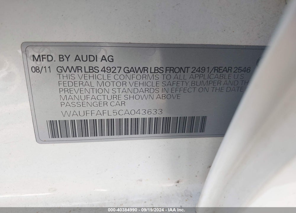 2012 AUDI A4 2.0T PREMIUM VIN: WAUFFAFL5CA043633