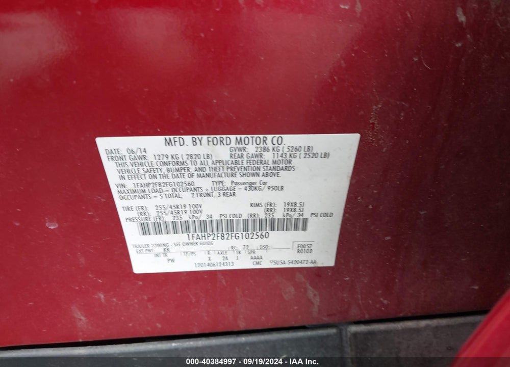 2015 FORD TAURUS LIMITED VIN: 1FAHP2F82FG102560