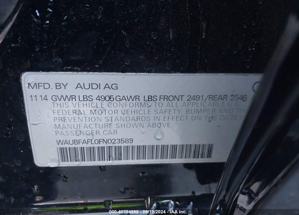 2015 AUDI A4 2.0T PREMIUM VIN: WAUBFAFL0FN023589