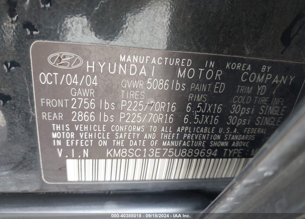 2005 HYUNDAI SANTA FE GLS/LX VIN: KM8SC13E75U889694