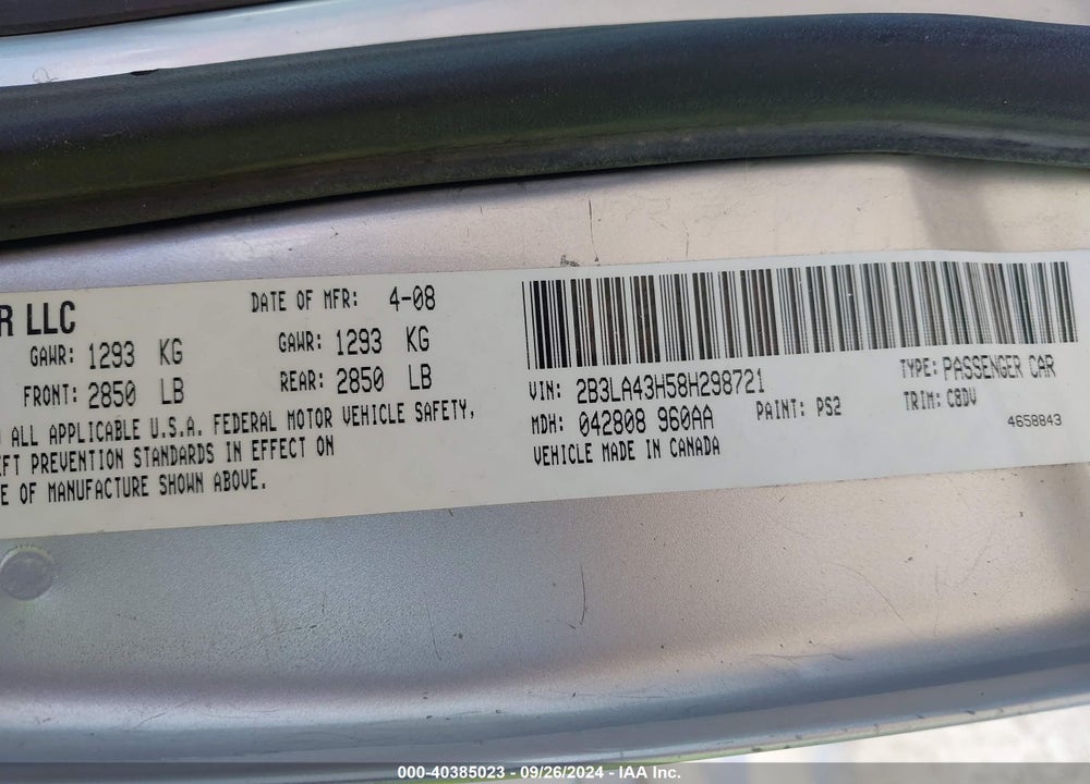 2008 DODGE CHARGER VIN: 2B3LA43H58H298721