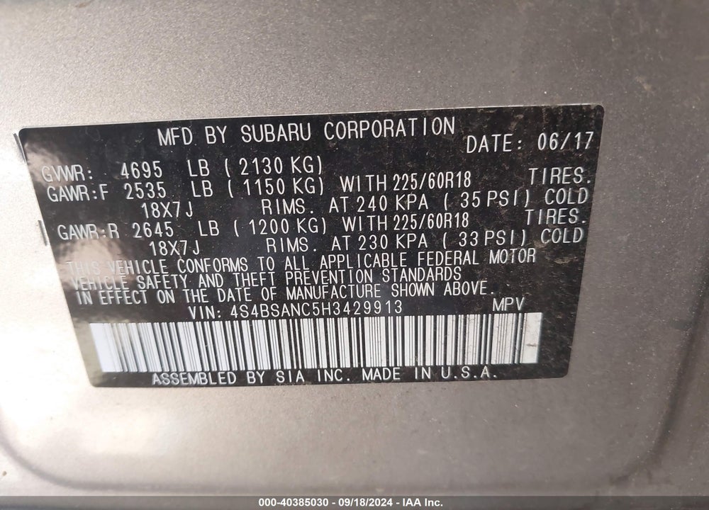 2017 SUBARU OUTBACK 2.5I LIMITED VIN: 4S4BSANC5H3429913