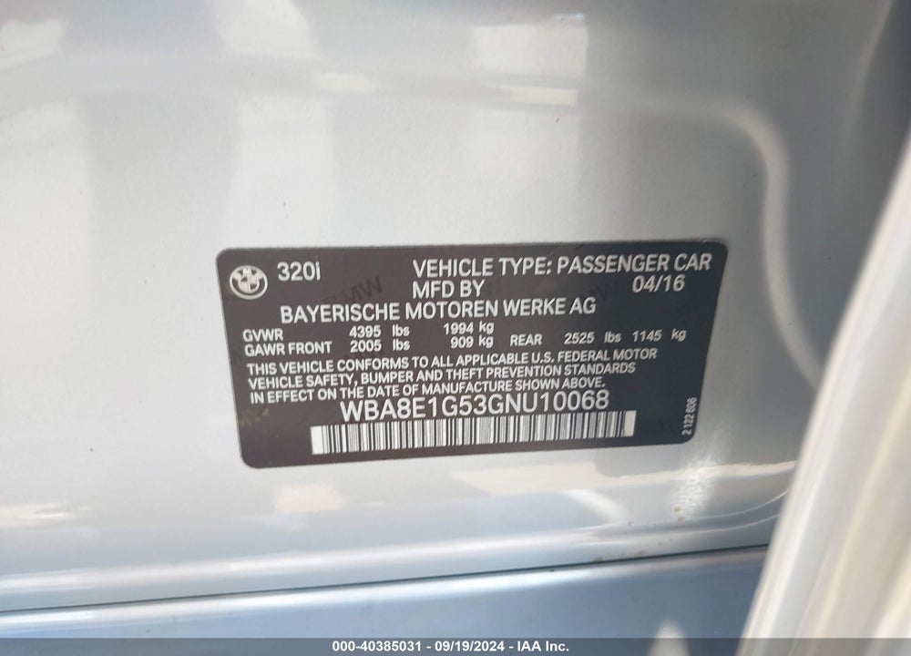 2016 BMW 320I VIN: WBA8E1G53GNU10068