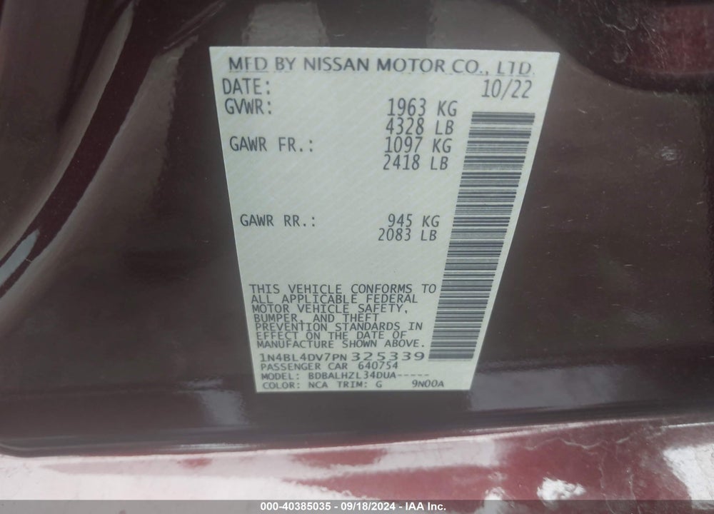 2023 NISSAN ALTIMA SV FWD VIN: 1N4BL4DV7PN325339