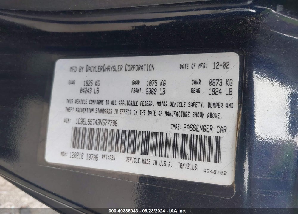 2003 CHRYSLER SEBRING LXI VIN: 1C3EL55T43N577798