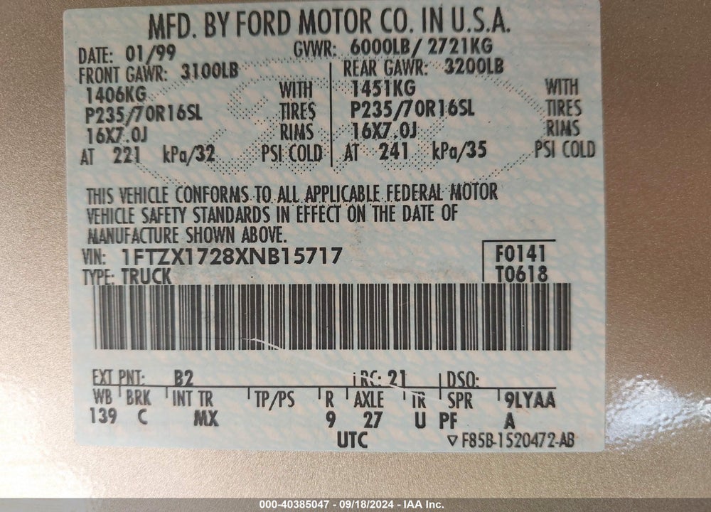 1999 FORD F-150 WORK SERIES/XL/XLT VIN: 1FTZX1728XNB15717