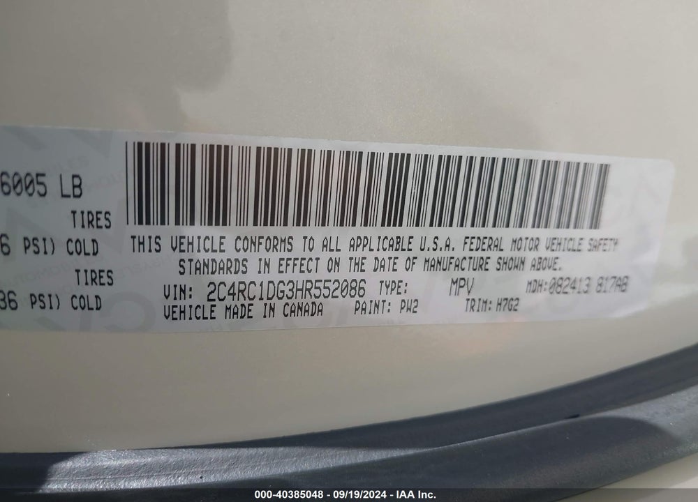 2017 CHRYSLER PACIFICA TOURING VIN: 2C4RC1DG3HR552086