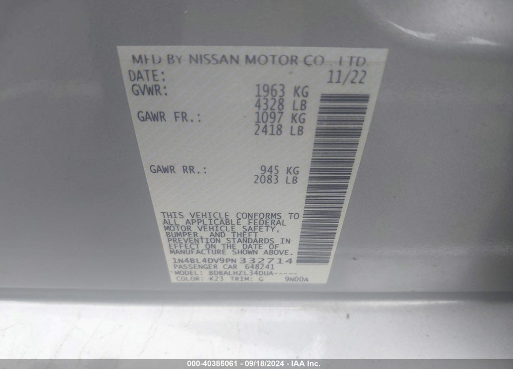 2023 NISSAN ALTIMA SV FWD VIN: 1N4BL4DV9PN332714