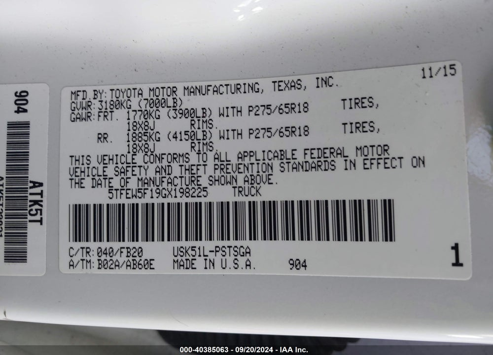2016 TOYOTA TUNDRA SR5 5.7L V8 VIN: 5TFEW5F19GX198225