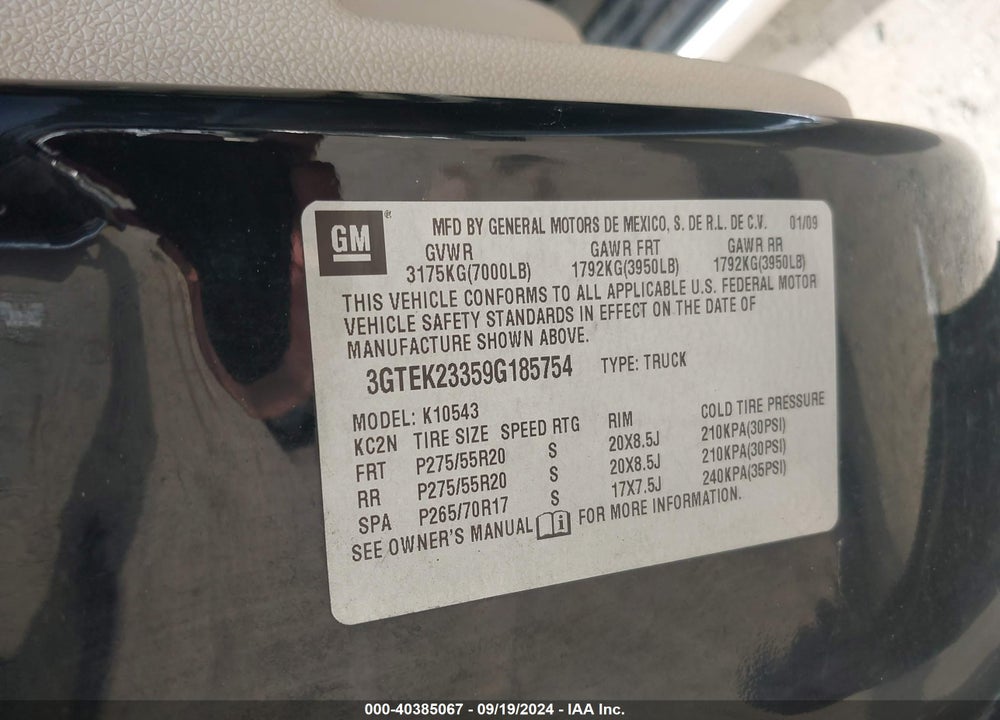 2009 GMC SIERRA 1500 SLE VIN: 3GTEK23359G185754
