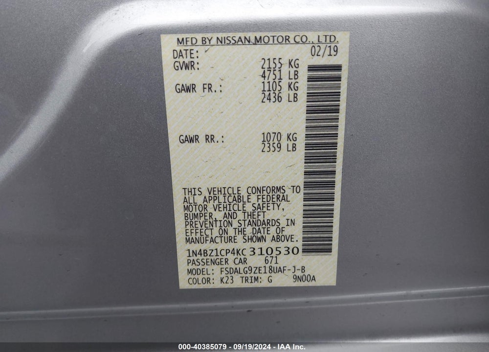 2019 NISSAN LEAF SL PLUS VIN: 1N4BZ1CP4KC310530
