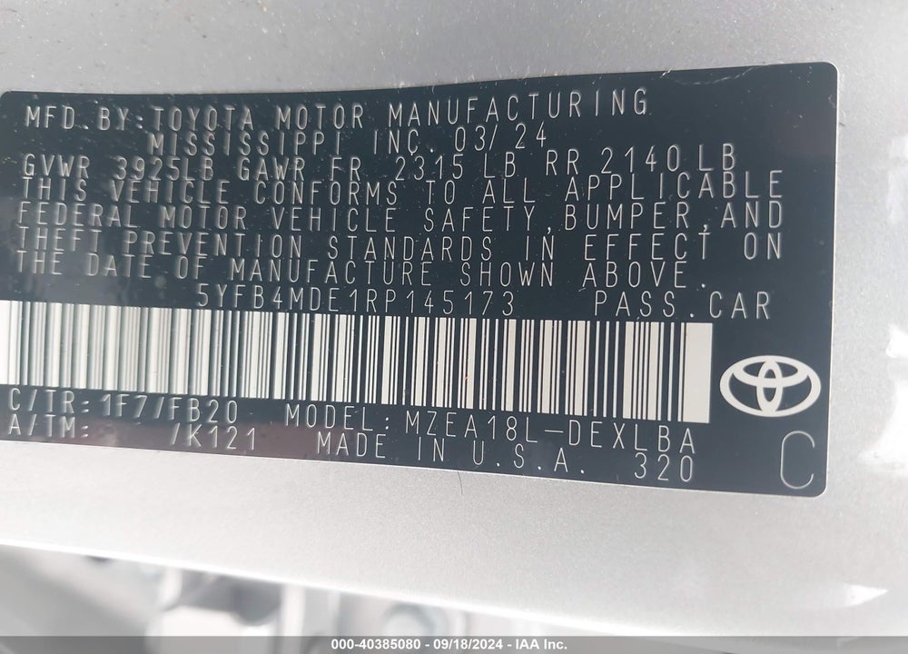 2024 TOYOTA COROLLA LE VIN: 5YFB4MDE1RP145173