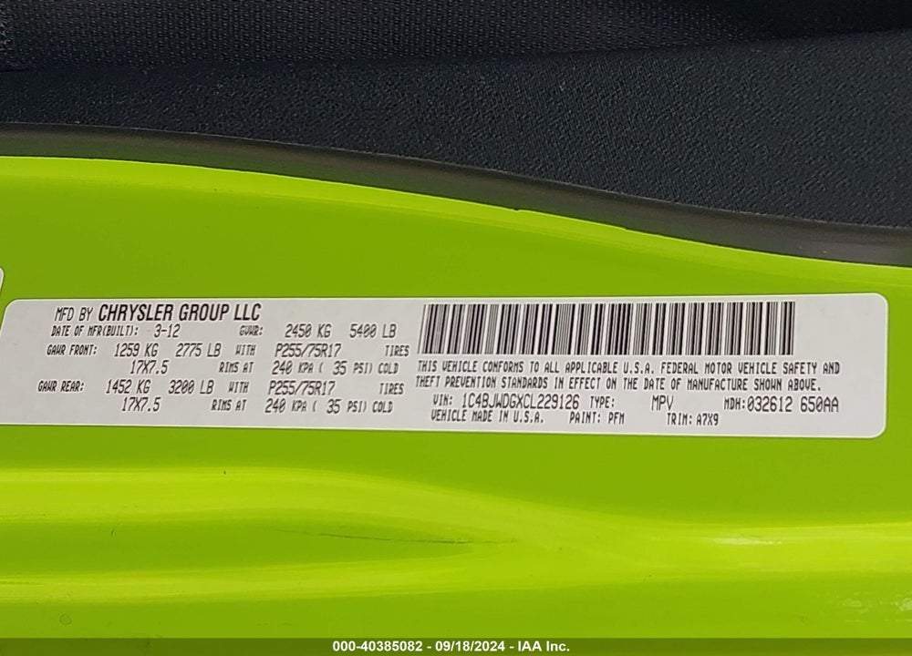 2012 JEEP WRANGLER UNLIMITED SPORT VIN: 1C4BJWDGXCL229126