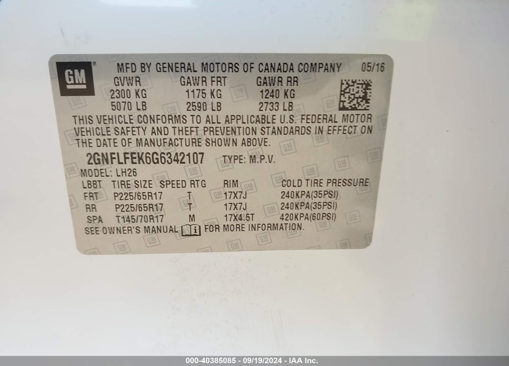 2016 CHEVROLET EQUINOX LT VIN: 2GNFLFEK6G6342107