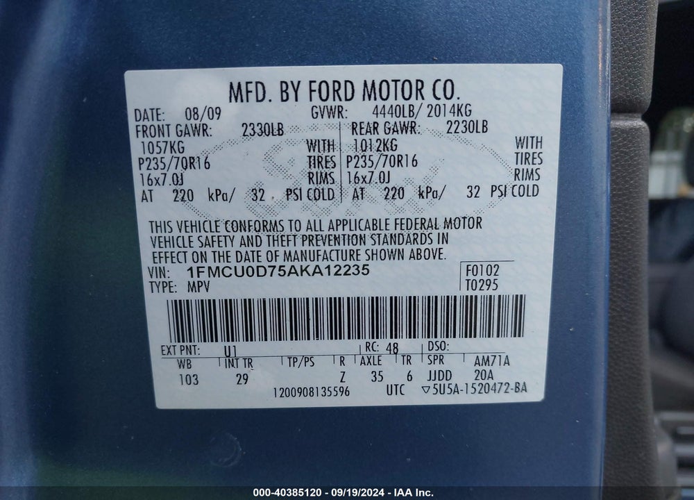 2010 FORD ESCAPE XLT VIN: 1FMCU0D75AKA12235