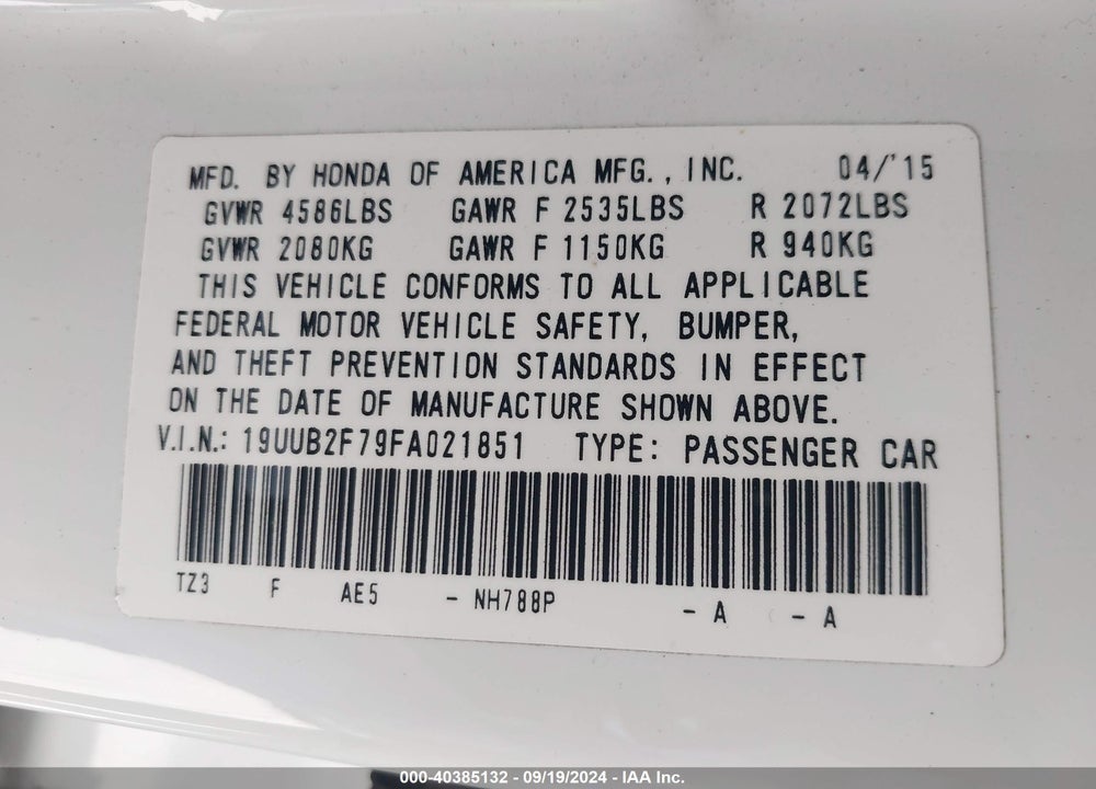 2015 ACURA TLX V6 ADVANCE VIN: 19UUB2F79FA021851