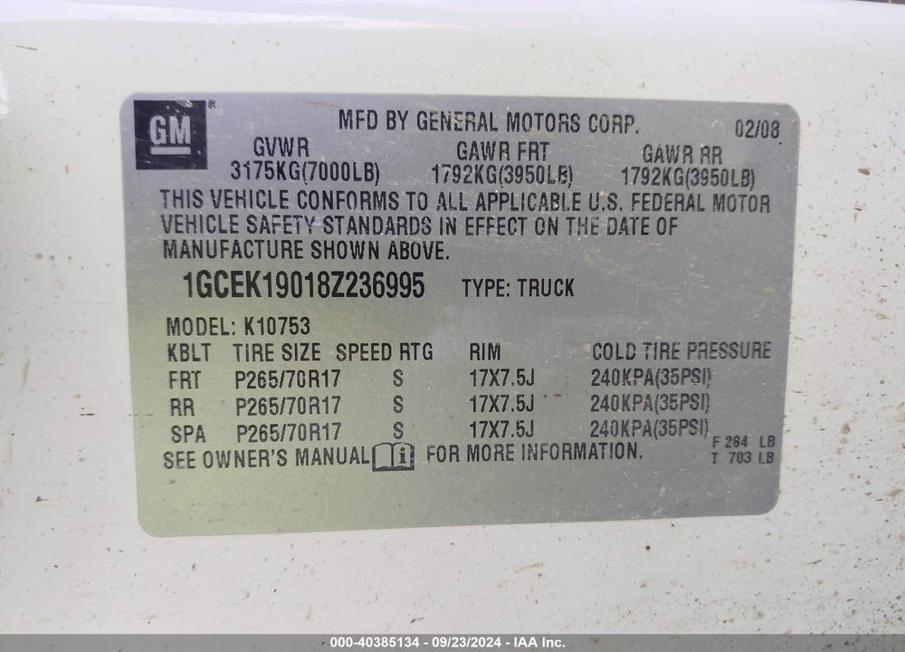 2008 CHEVROLET SILVERADO 1500 WORK TRUCK VIN: 1GCEK19018Z236995